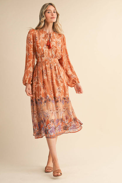 EXCLUSIVE FLORAL BORDER PRINT MIDI DRESS