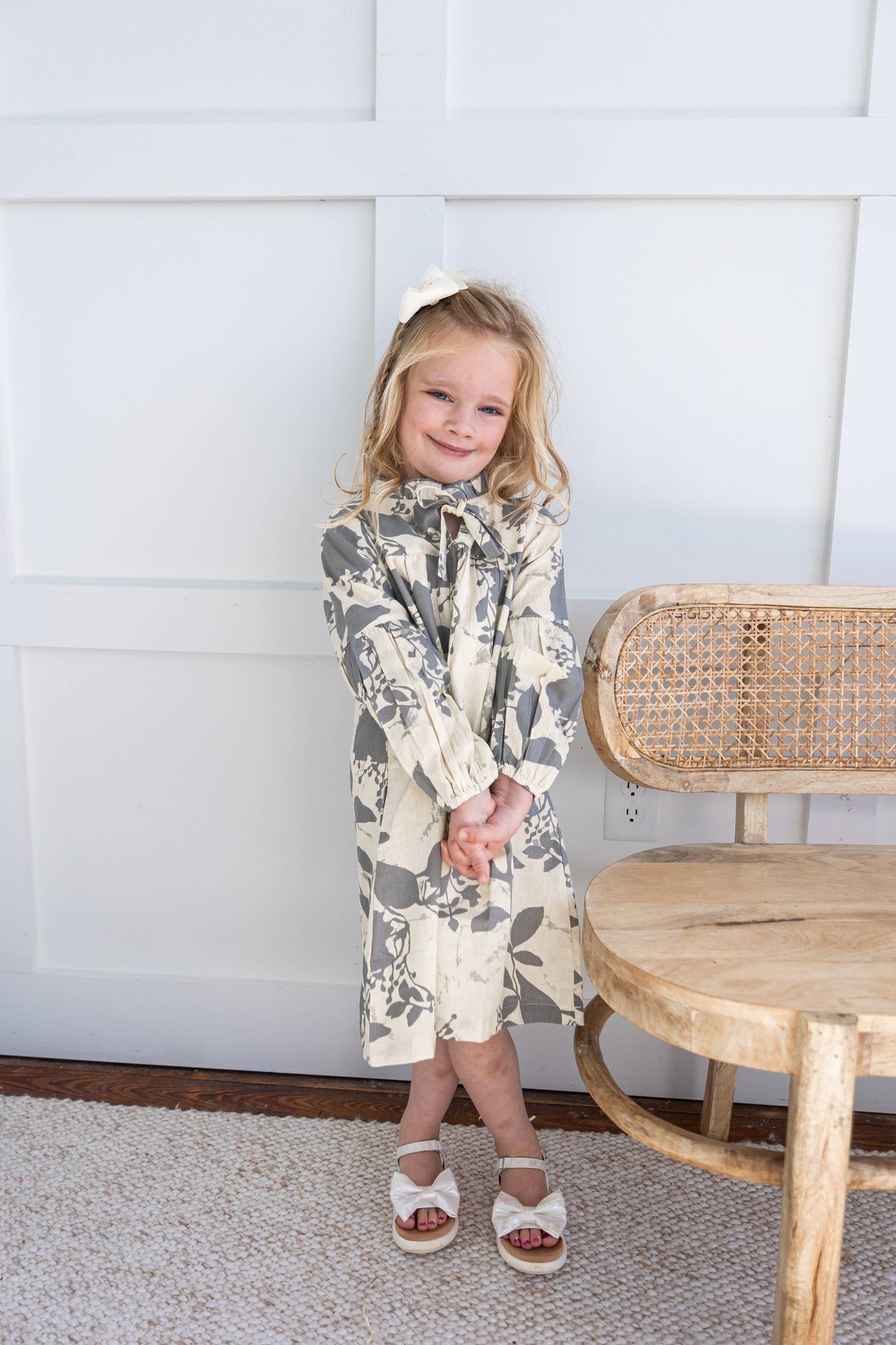 Grey Leaf Printed Gathered Long Sleeve Dress