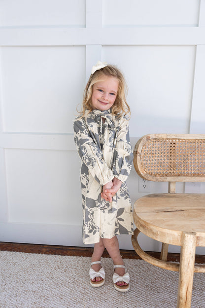 Grey Leaf Printed Gathered Long Sleeve Dress