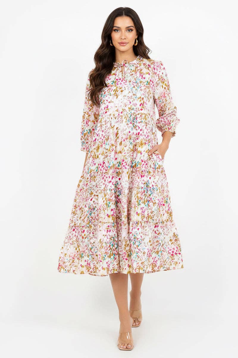 TIERED BOHO FLORAL MIDI DRESS 3/4 SLEEVES DETAIL RUFFLED NECK