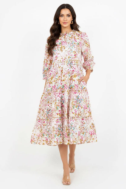 TIERED BOHO FLORAL MIDI DRESS 3/4 SLEEVES DETAIL RUFFLED NECK