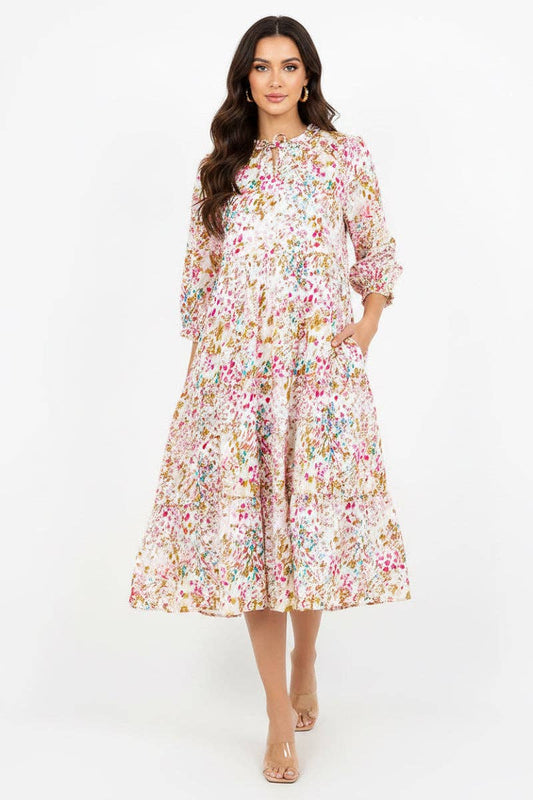 TIERED BOHO FLORAL MIDI DRESS 3/4 SLEEVES DETAIL RUFFLED NECK