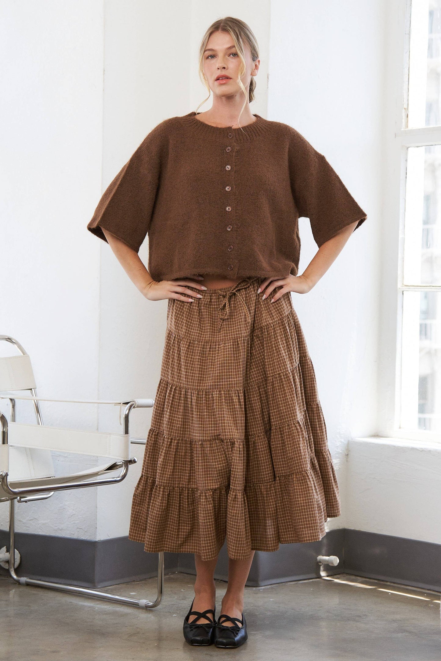 Caramel Gingham Elastic Waistband Skirt - Multiple Colors