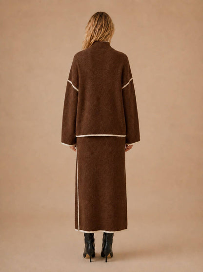 Contrast Piping Trim Sweater Skirt Knit Set