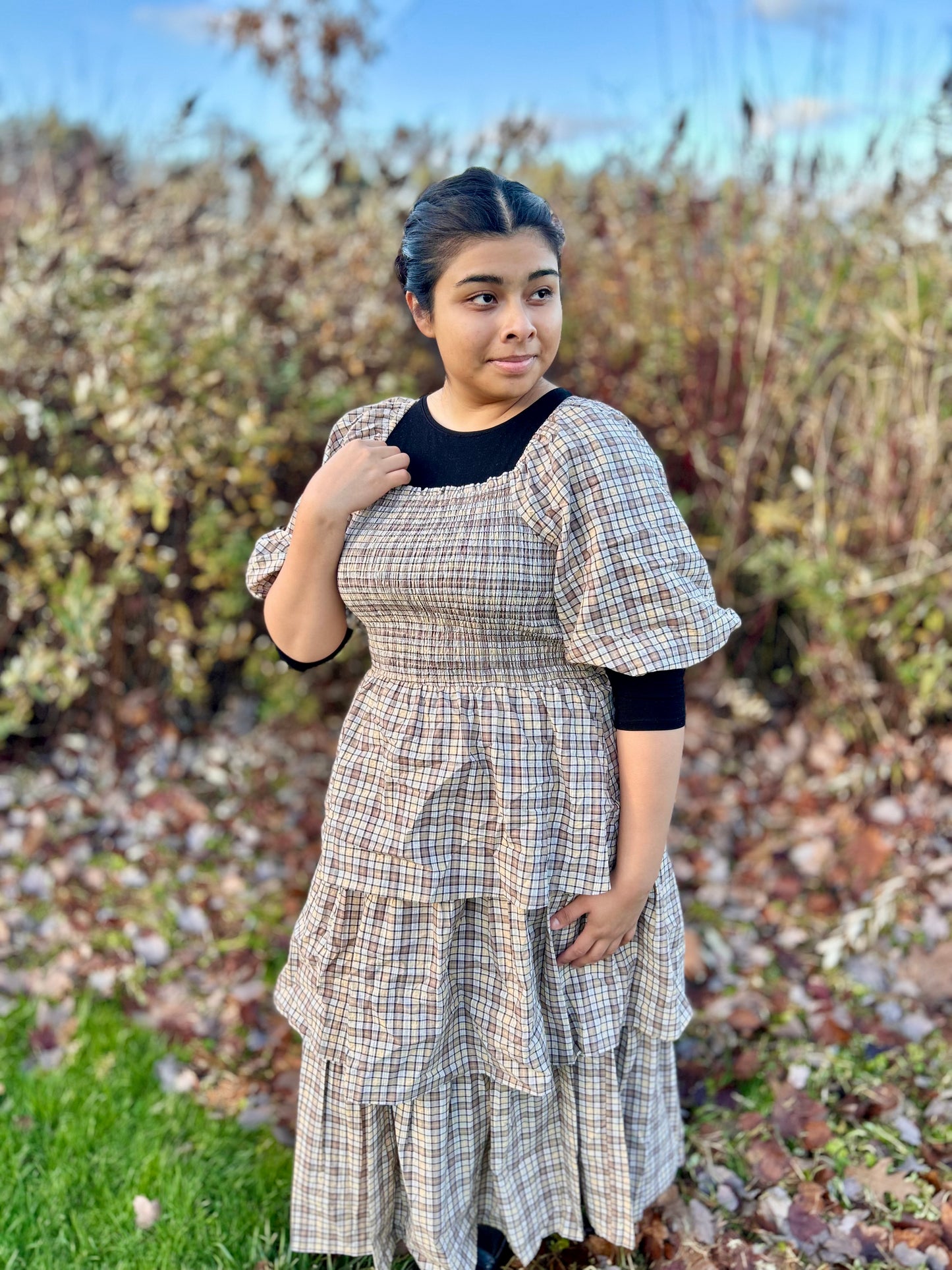 Plus Crinkled Plaid Smocked Top Midi Dress