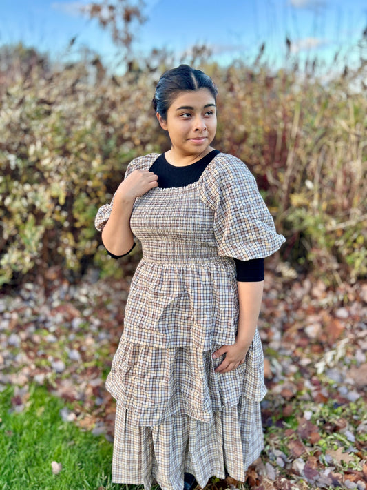 Plus Crinkled Plaid Smocked Top Midi Dress