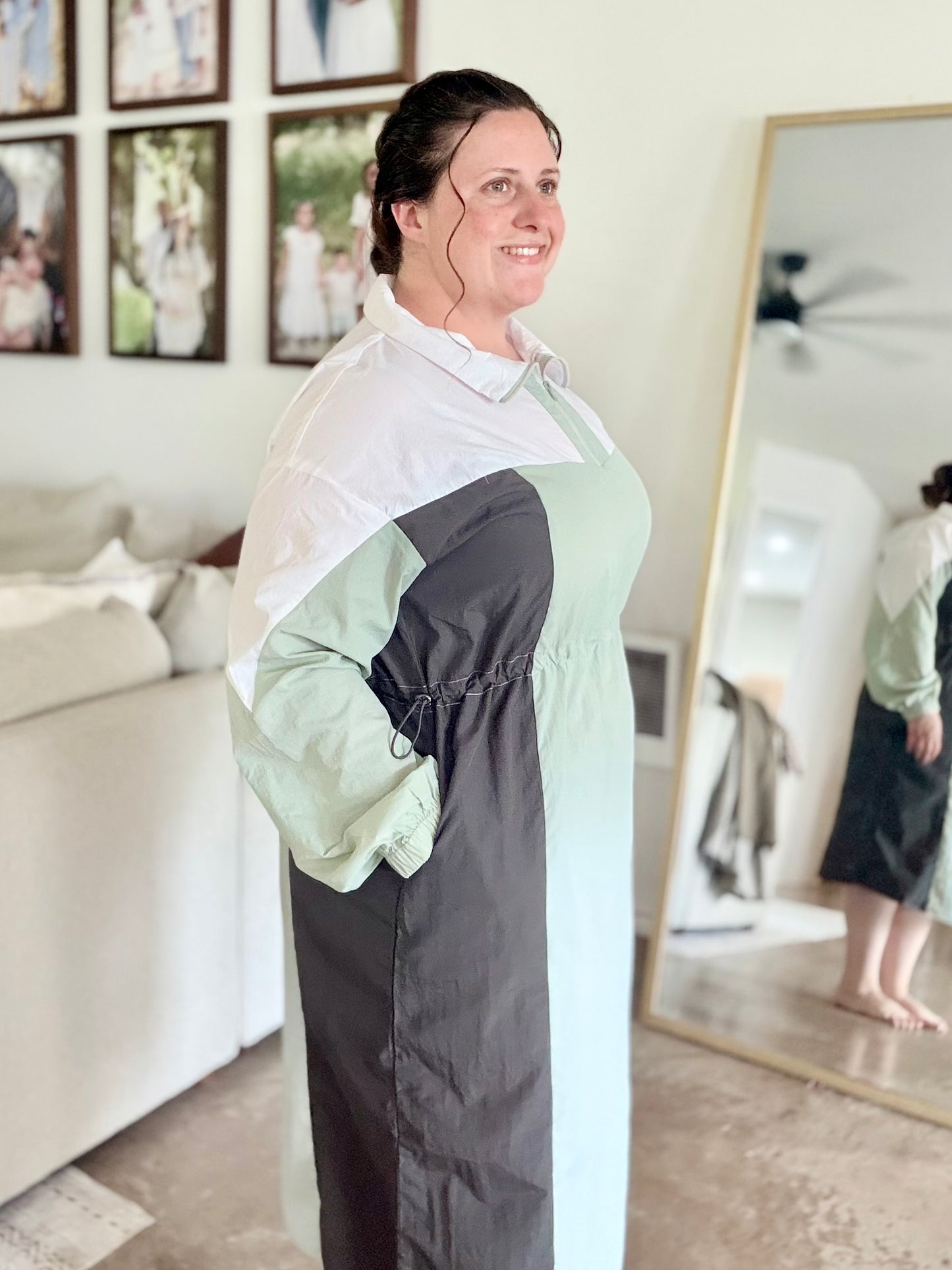 COLOR BLOCK LIGHTWEIGHT SAGE GREEN MULTI COLOR ATHLETIC WINDBREAKER ANORAK MIDI DRESS