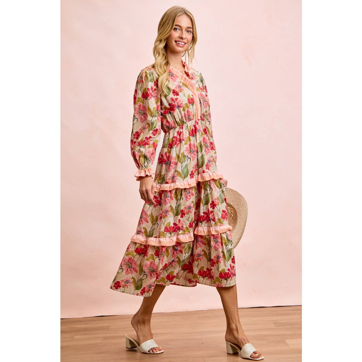 FLORAL PRINT MIDI DRESS WITH RUFFLE SCALLOP EDGE DETAILS