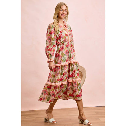 FLORAL PRINT MIDI DRESS WITH RUFFLE SCALLOP EDGE DETAILS