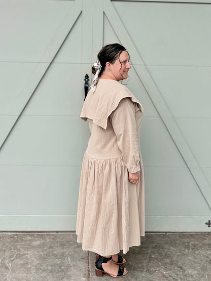 Peter Pan Collared Long Sleeve Midi Dress Oatmeal