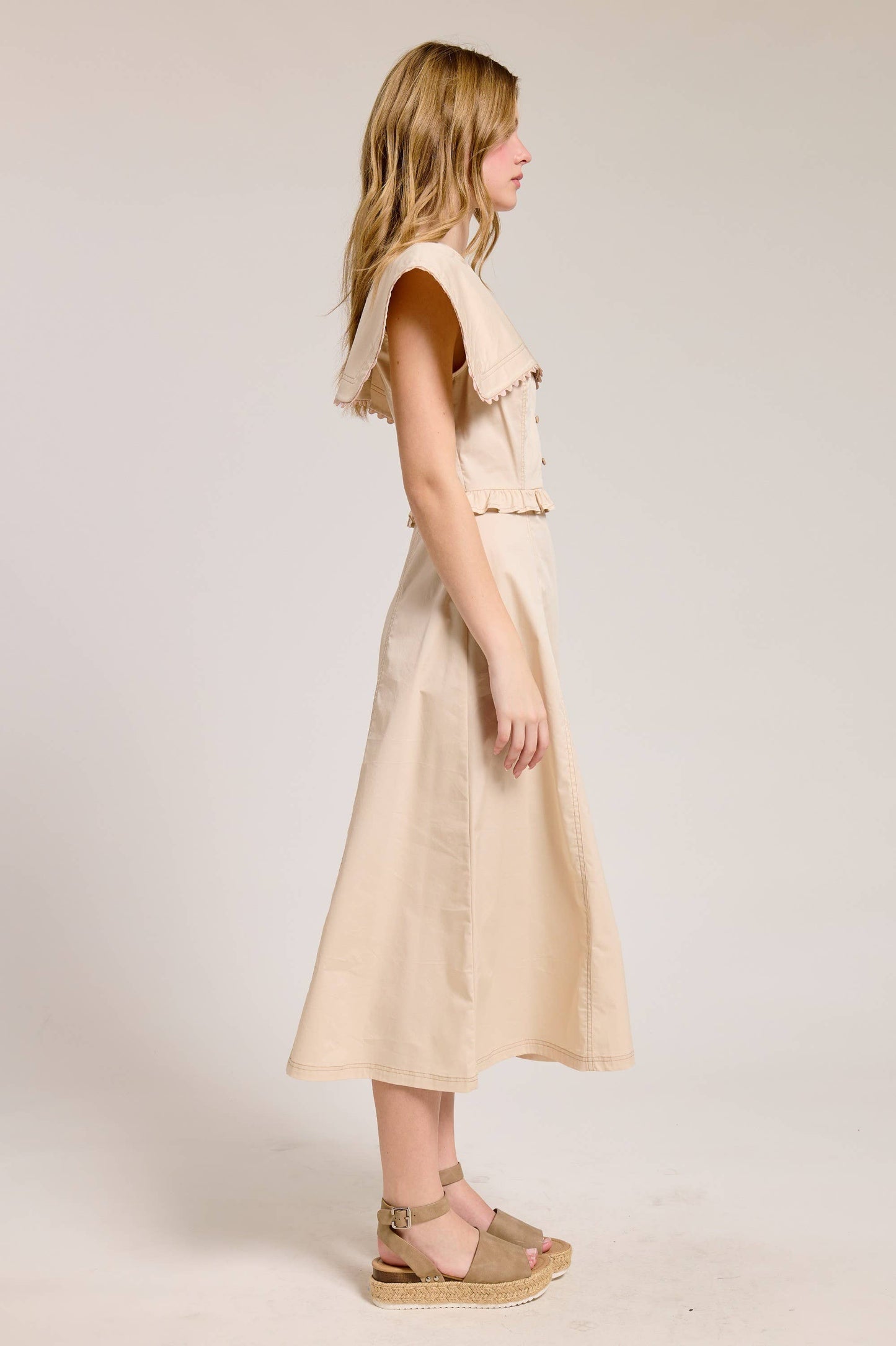 Oversized Collar Scallop Trim Midi Dress