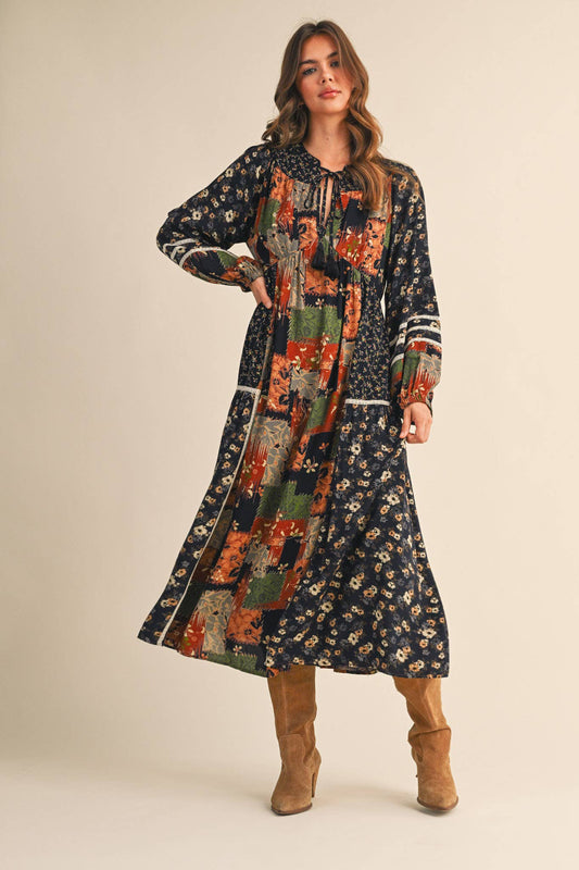 MIXED FLORAL PATCHWORK MIDI DRESS WITH LACE TRIM
