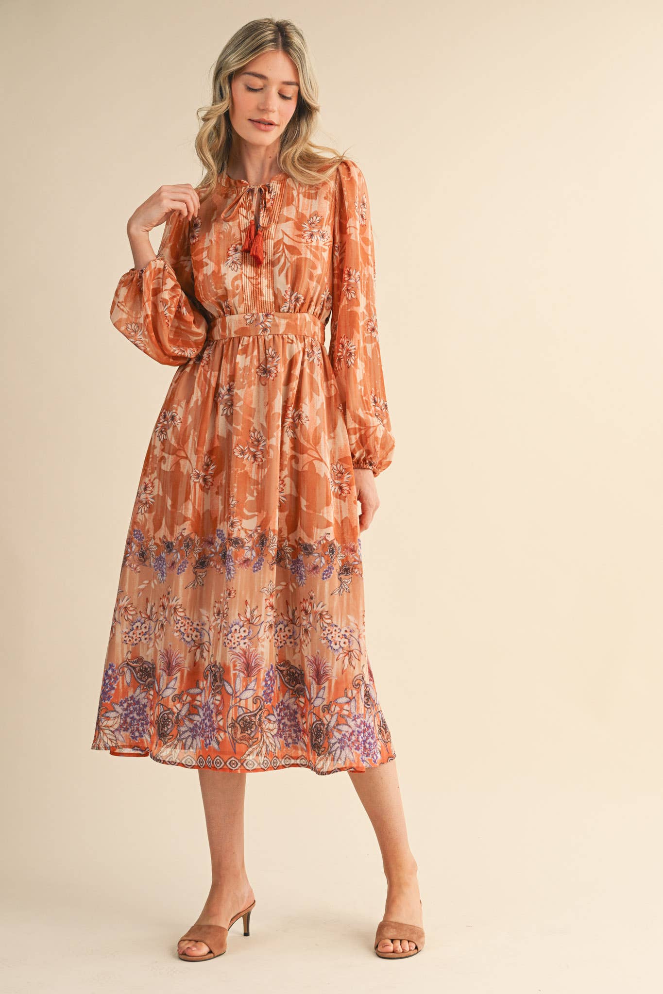 EXCLUSIVE FLORAL BORDER PRINT MIDI DRESS