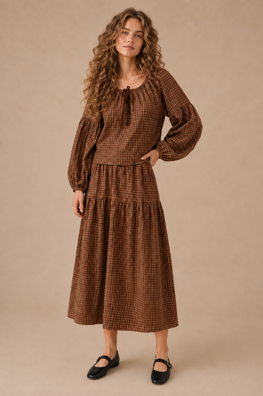 Gingham Long Sleeve Top and Skirt Set