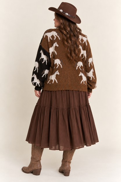 TWO TONE BROWN BLACK WHITE HORSE CARDIGAN