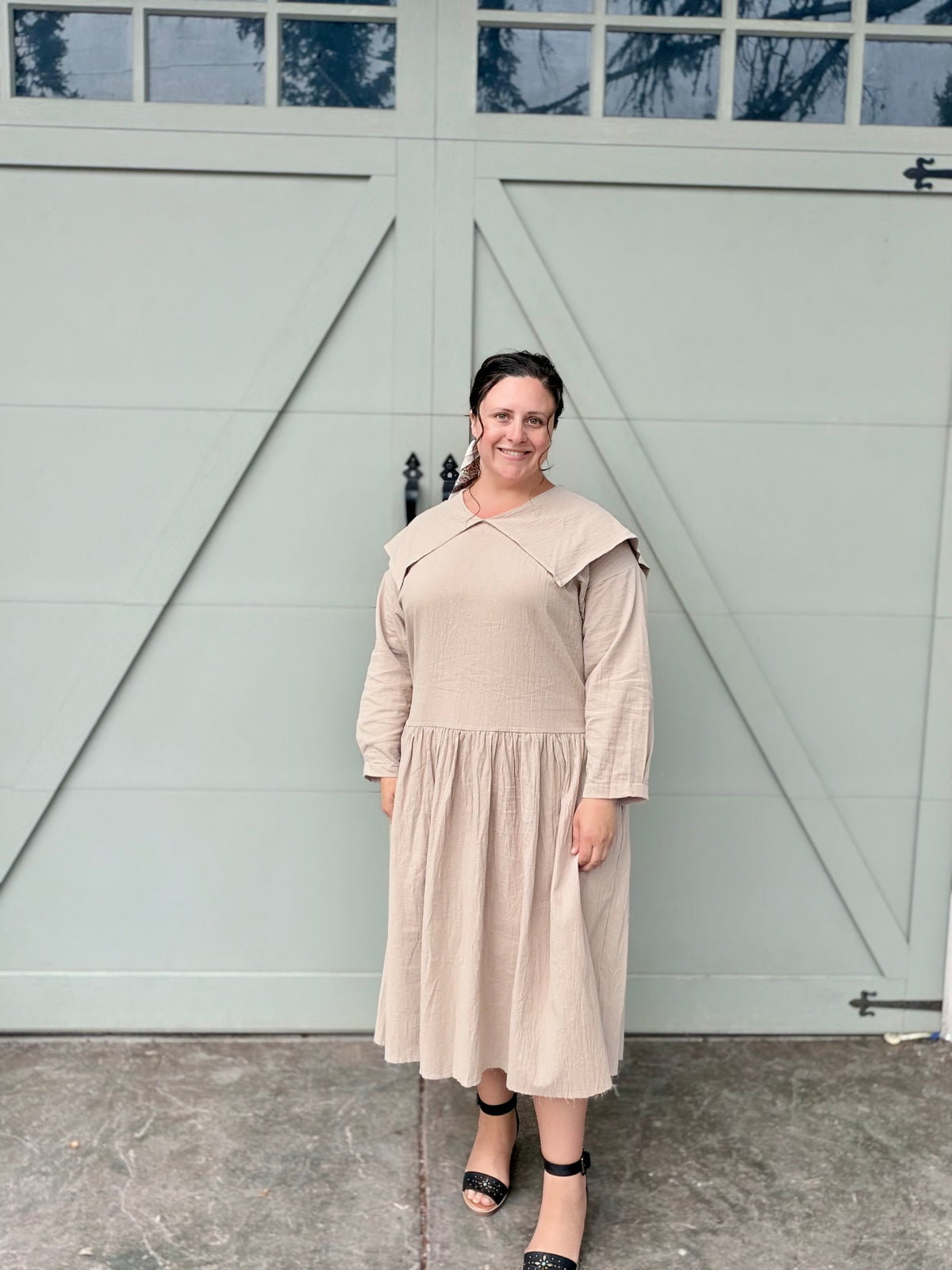 Peter Pan Collared Long Sleeve Midi Dress Oatmeal