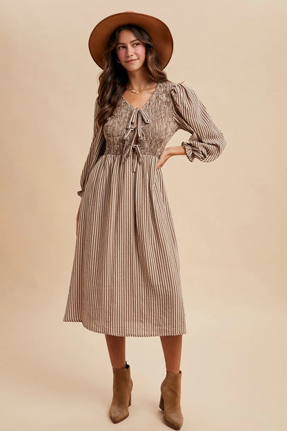 Sand/Mocha Striped Bow Midi Dress