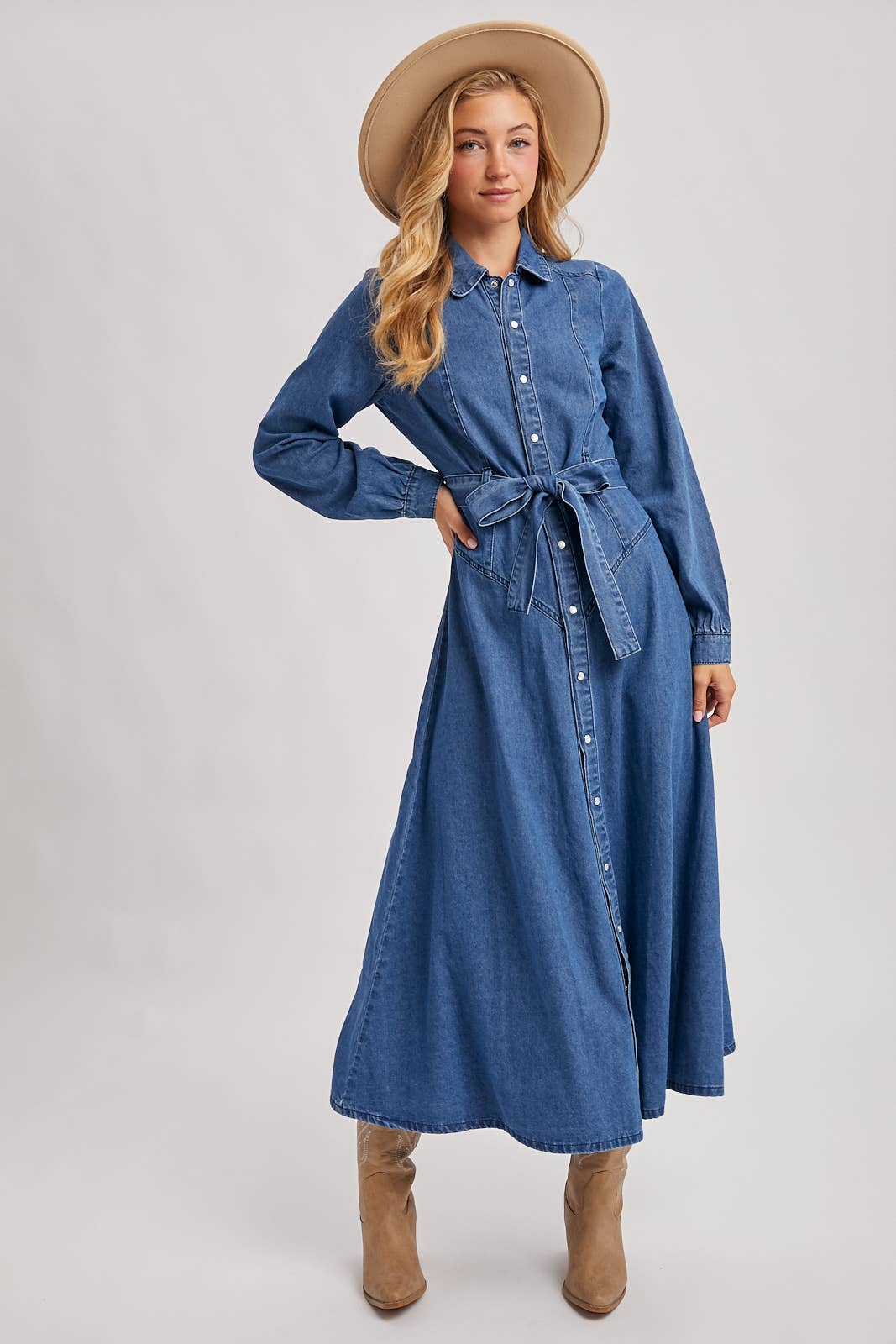 DENIM BUTTON DOWN BELTED SHIRT A-LINE MAXI DRESS