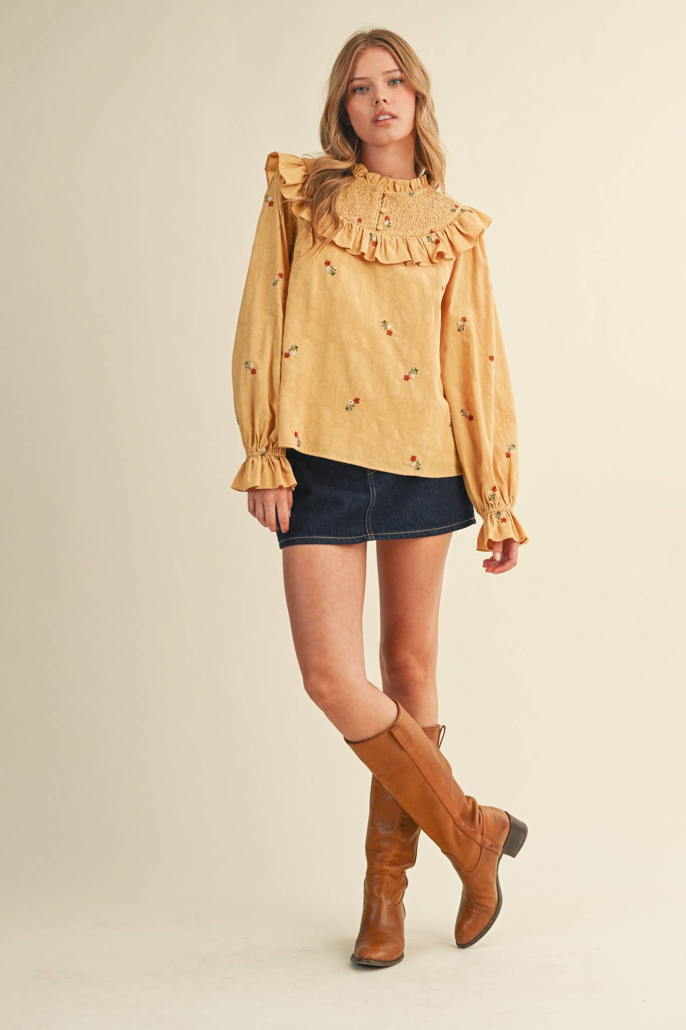 RUFFLED SMOCKED YOKE EMBROIDERED BLOUSE Multiple Color - PRE ORDER