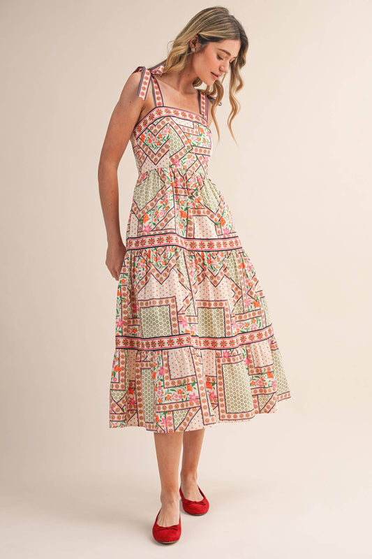 FLORAL PATCHWORK TIE STRAP SHOULDER MIDI DRESS PINK
