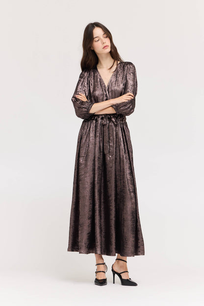 ESPRESSO BROWN TIE FRONT PLEAT WAIST SHINE DRESS