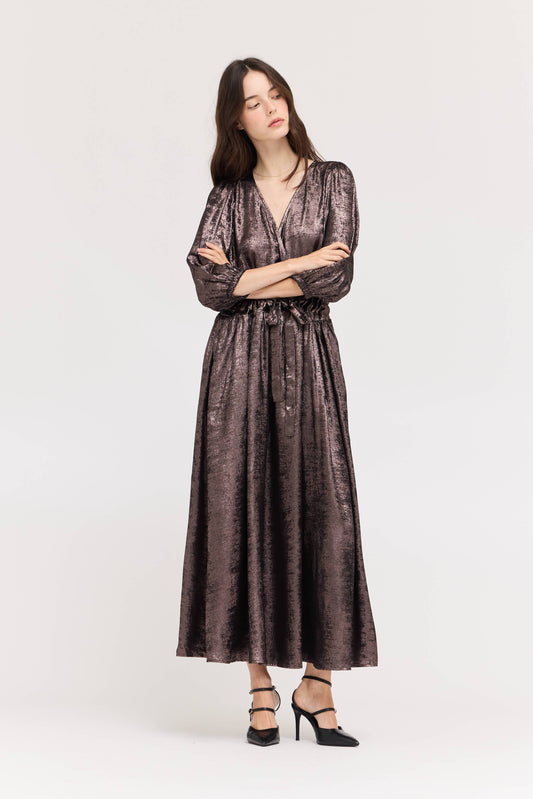 ESPRESSO BROWN TIE FRONT PLEAT WAIST SHINE DRESS