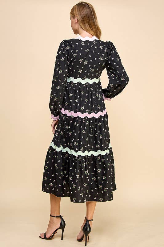 Floral Scalloped Ric Rac Detail Midi Dress