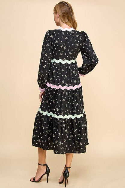 Floral Scalloped Ric Rac Detail Midi Dress
