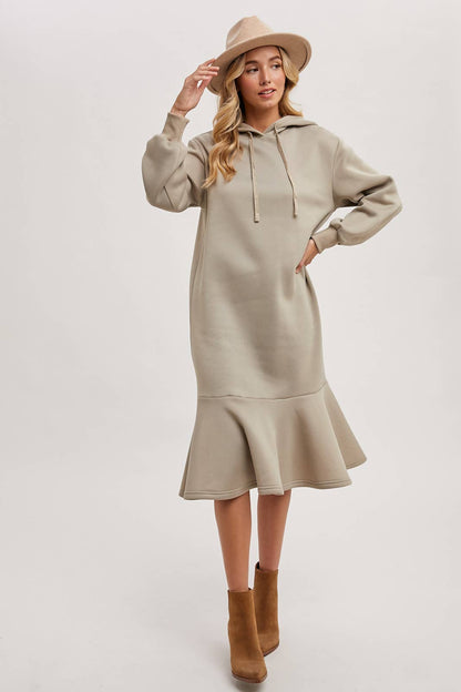 FLOUNCE HEM HOODIE SWEATSHIRT MIDI DRESS