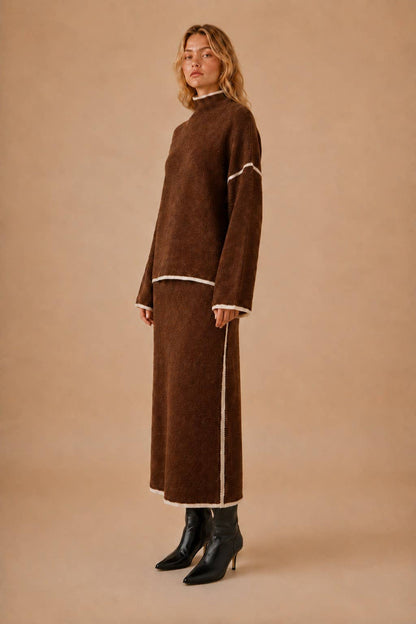 Contrast Piping Trim Sweater Skirt Knit Set