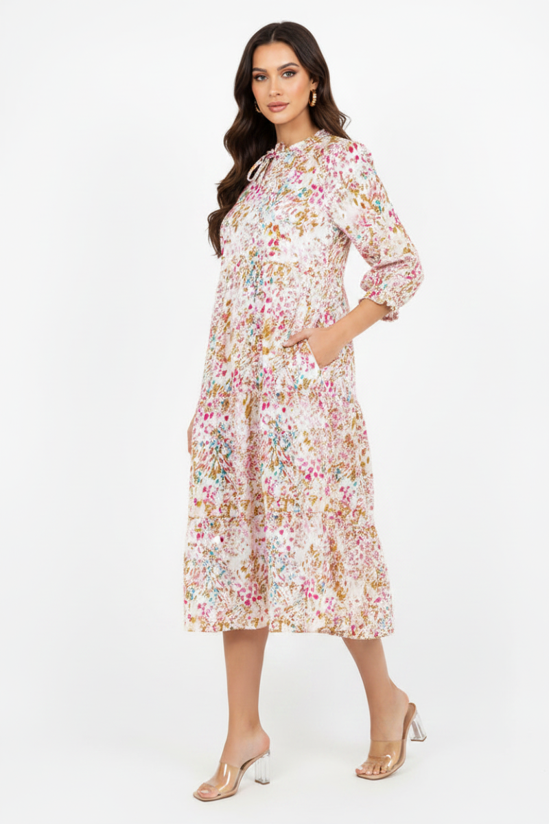 TIERED BOHO FLORAL MIDI DRESS 3/4 SLEEVES DETAIL RUFFLED NECK