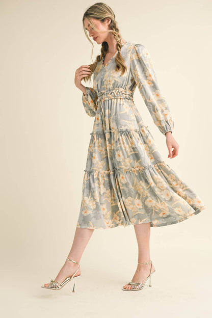 EXCLUSIVE PRINT RUFFLE TRIM FLORAL MIDI DRESS Silver Champagne