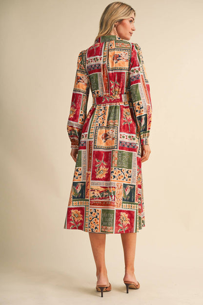 PATCHWORK PRT EMBELLISHED BUTTON DWN BELTED MIDI DREss