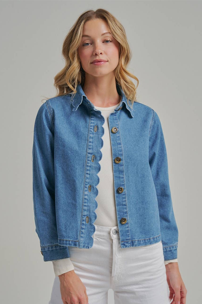 FALL DENIM BUTTON DOWN JACKET WITH SCALLOP EMBROIDERY COLLAR