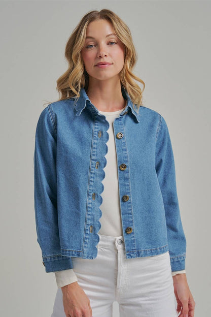 FALL DENIM BUTTON DOWN JACKET WITH SCALLOP EMBROIDERY COLLAR