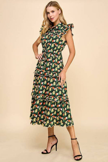 Floral Print Scalloped Detail Midi Dress