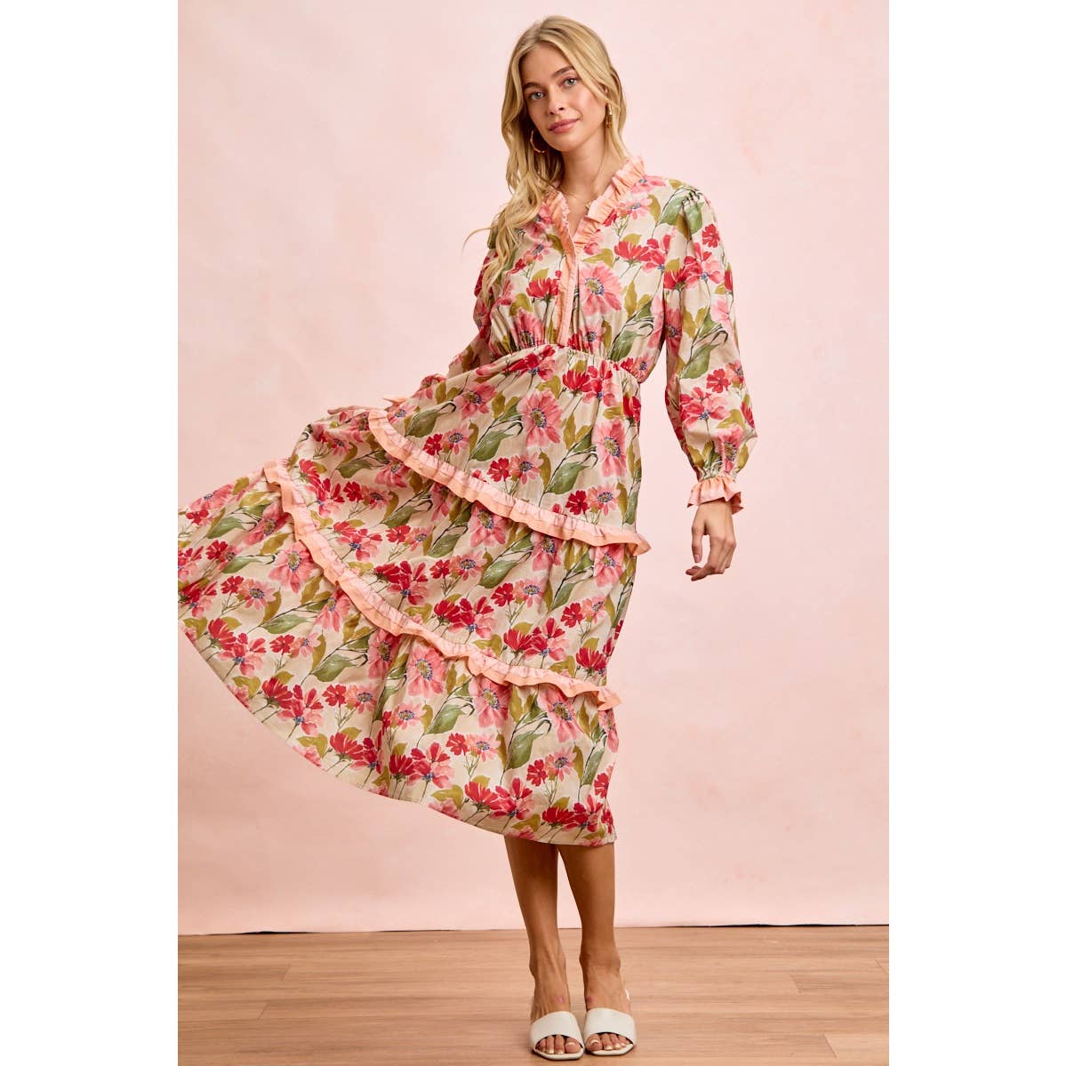 FLORAL PRINT MIDI DRESS WITH RUFFLE SCALLOP EDGE DETAILS