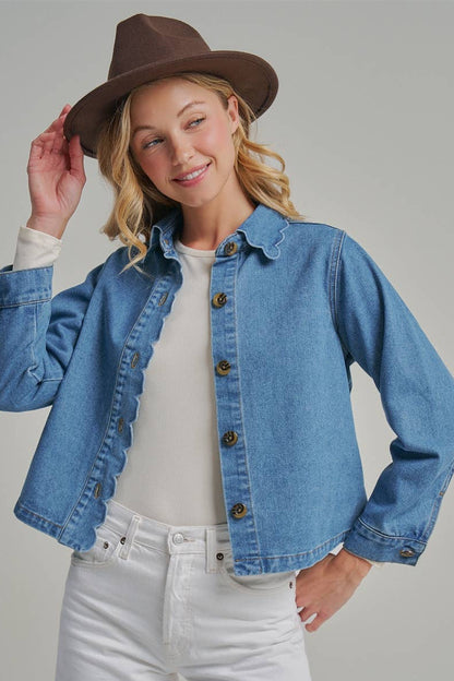 FALL DENIM BUTTON DOWN JACKET WITH SCALLOP EMBROIDERY COLLAR