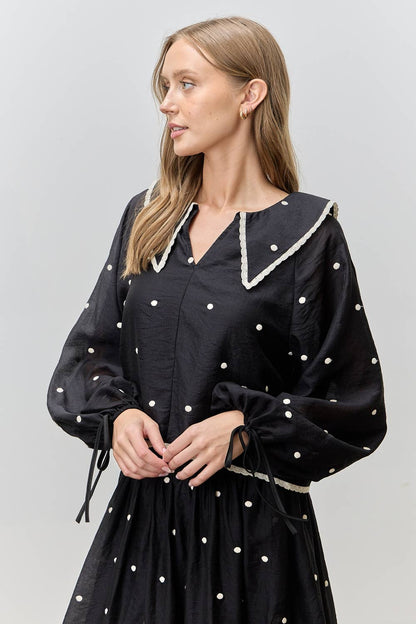 DOT OVERSIZE BABYDOLL BIG COLLAR BLACK WHITE BLOUSE TOP