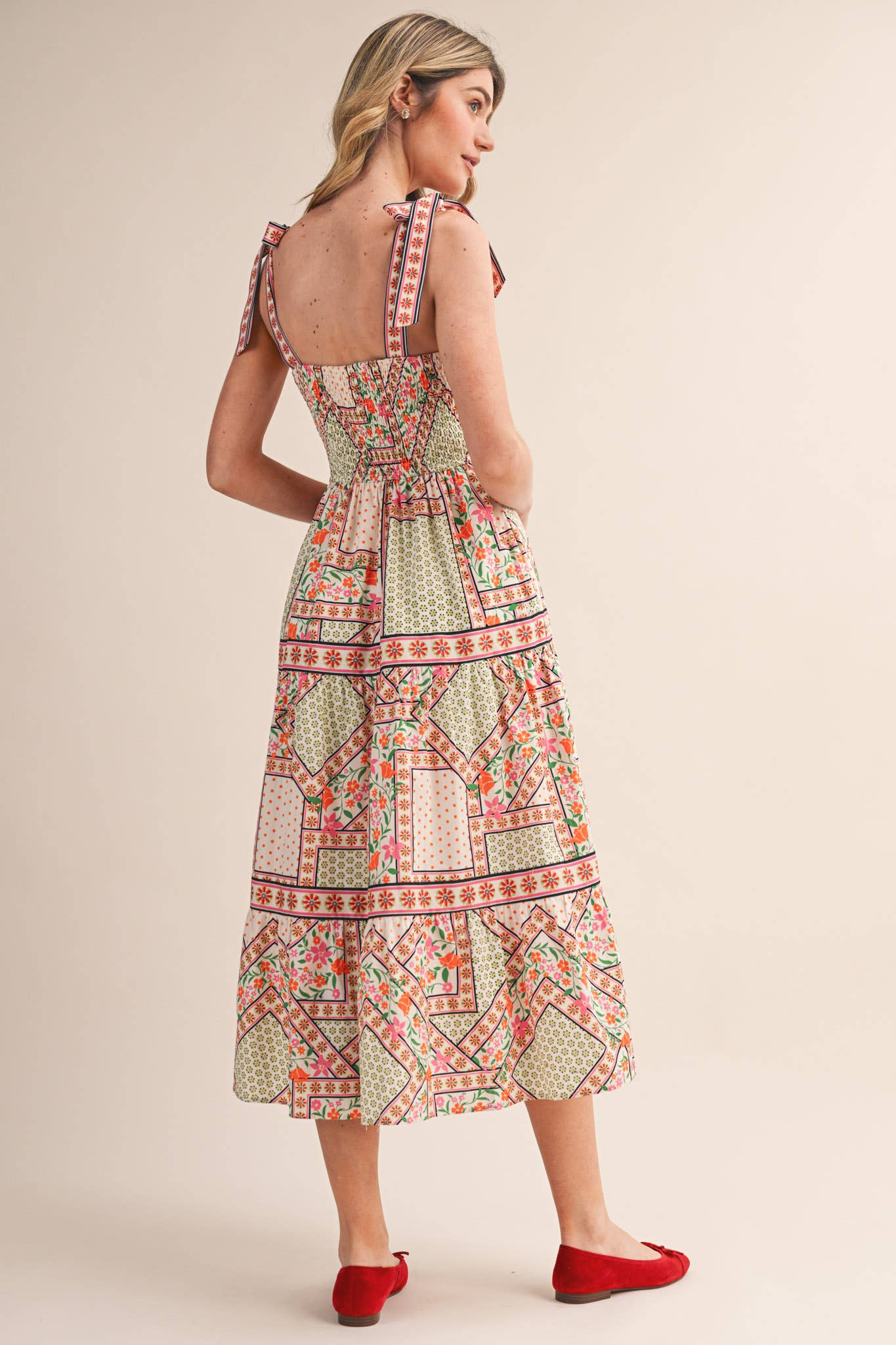 FLORAL PATCHWORK TIE STRAP SHOULDER MIDI DRESS PINK