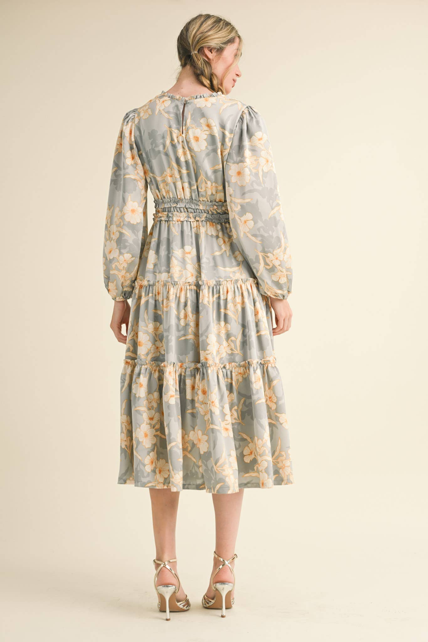 EXCLUSIVE PRINT RUFFLE TRIM FLORAL MIDI DRESS Silver Champagne