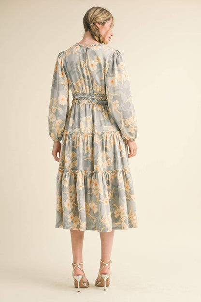 EXCLUSIVE PRINT RUFFLE TRIM FLORAL MIDI DRESS Silver Champagne