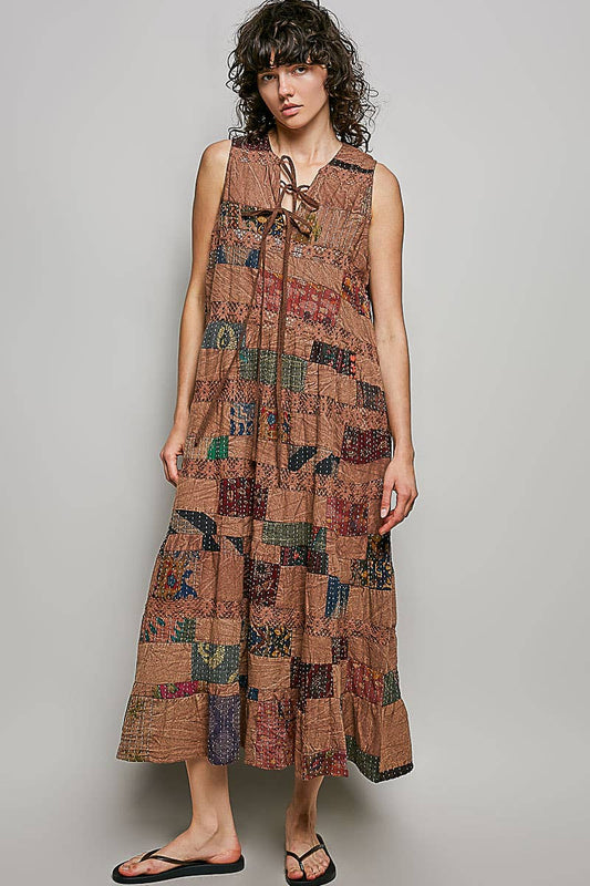 V-neck Lace Trim Patchwork Boho Sleeveless Roomy Pol Fit Dress
