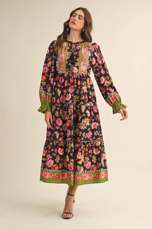 EXCLUSIVE FLORAL BORDER PRINT MIDI DRESS