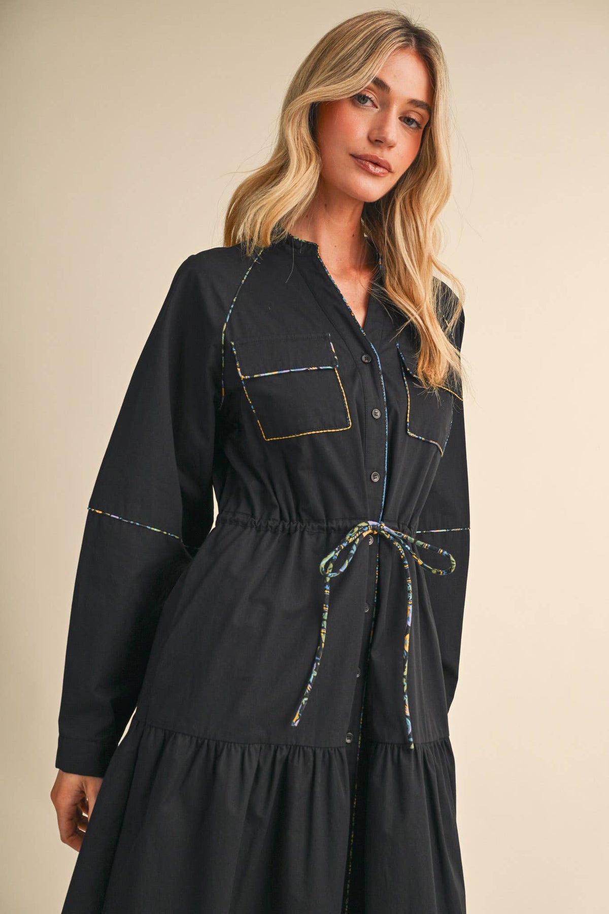 UTILITY MIDI DRESS WITH CONTRAST PIPING TRIM