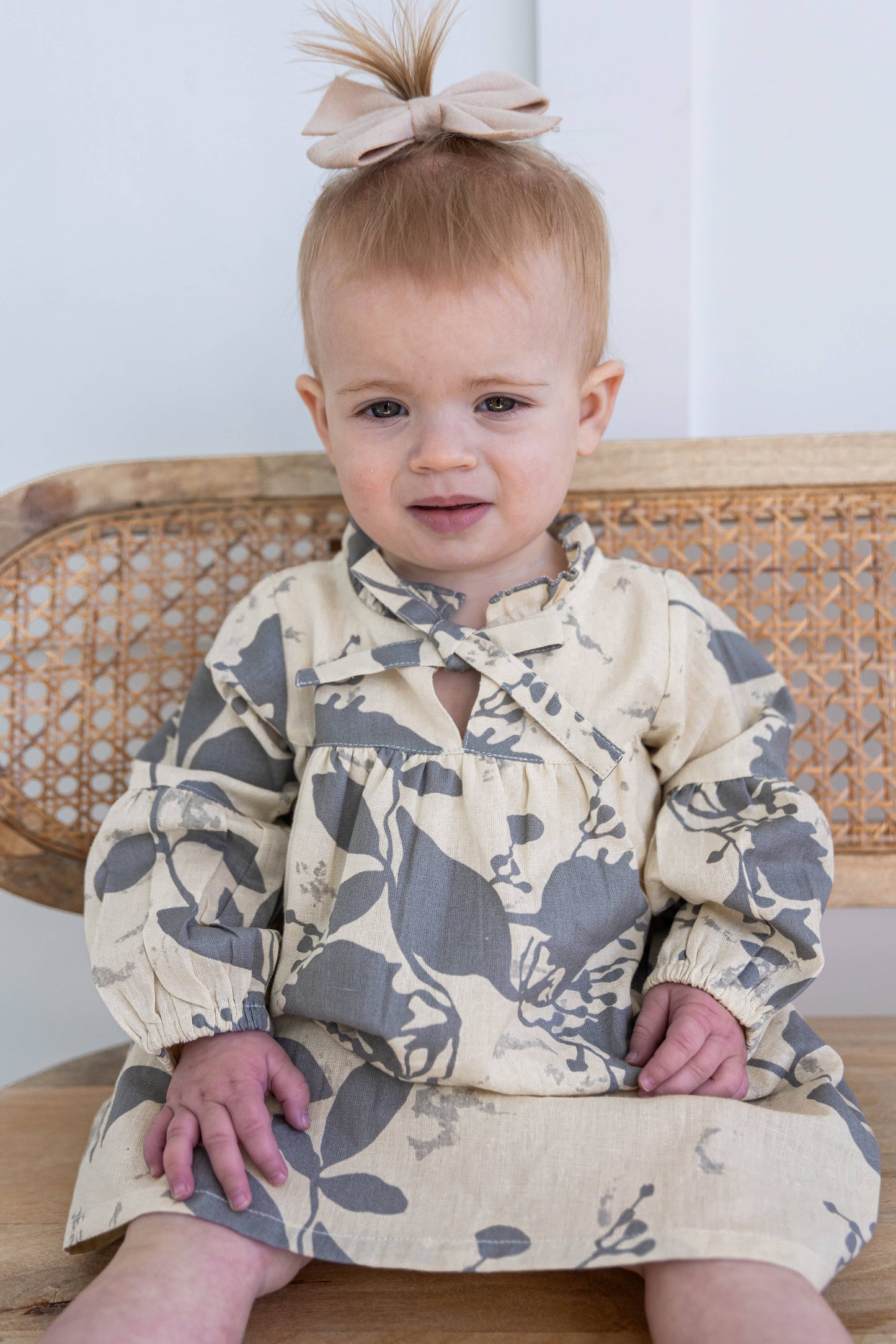 Grey Leaf Printed Gathered Long Sleeve Dress