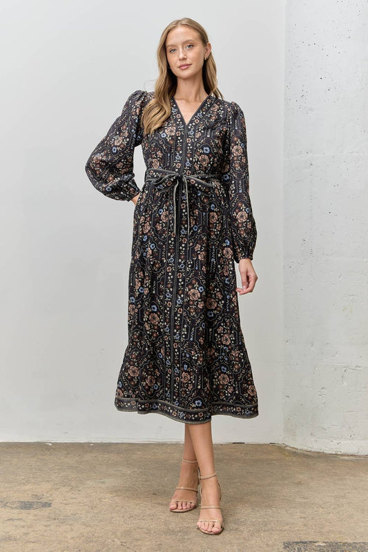 PRINTED FLORAL V-NECK MIDI DRESS
