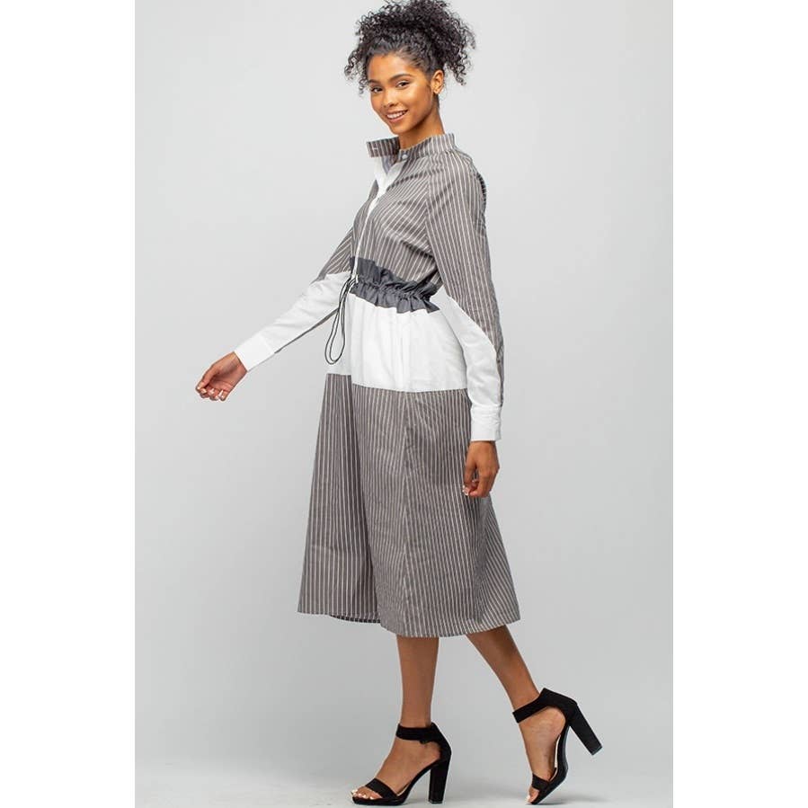 Pattern Blocked Dress with Drawstring
