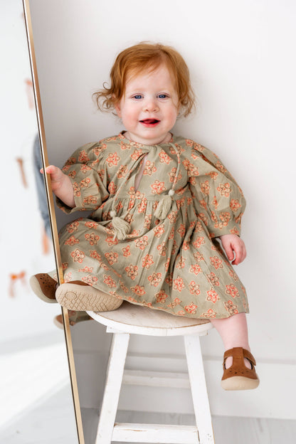 Sage-Green Floral Printed Sleeve Gathered Dress
