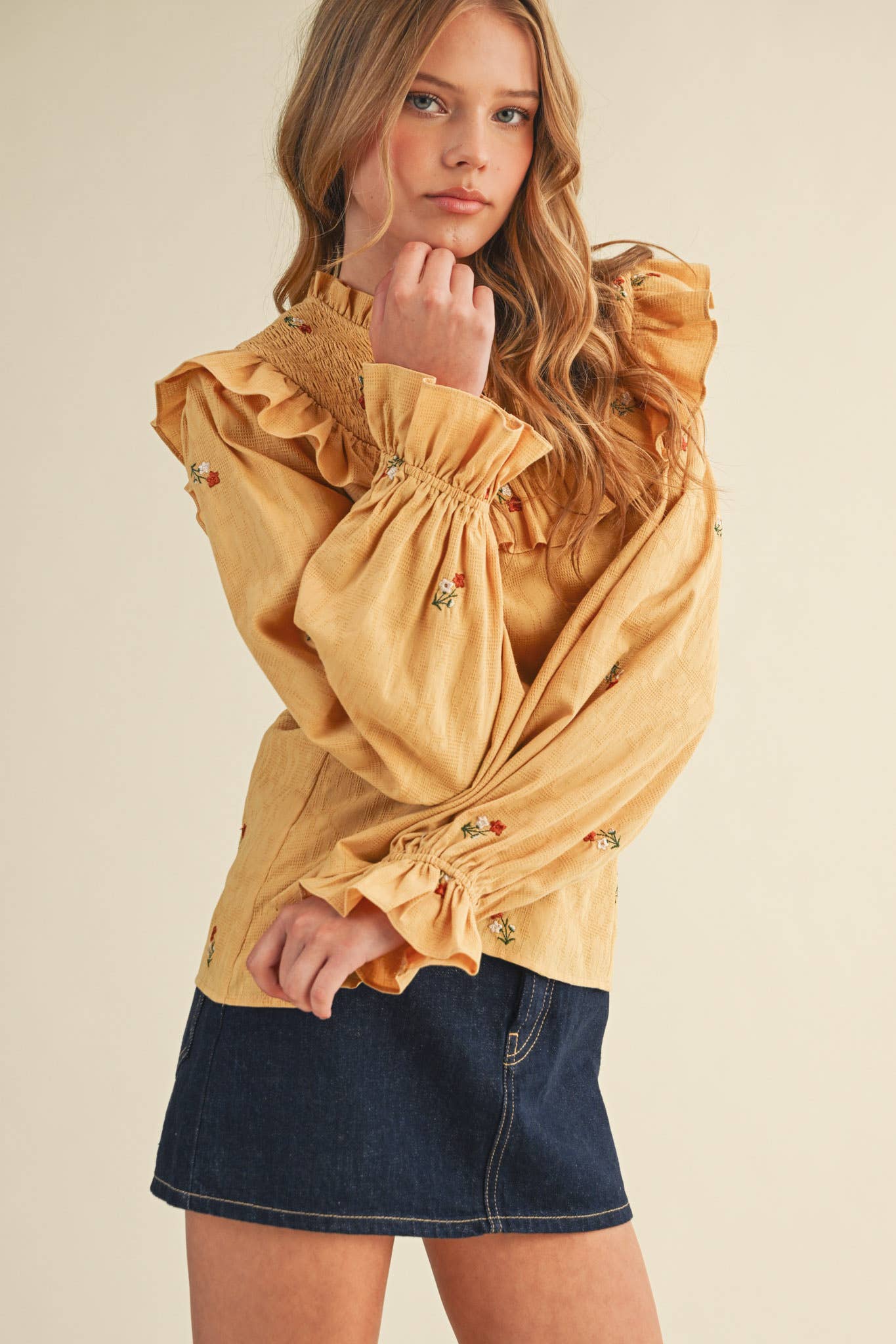 RUFFLED SMOCKED YOKE EMBROIDERED BLOUSE Multiple Color - PRE ORDER